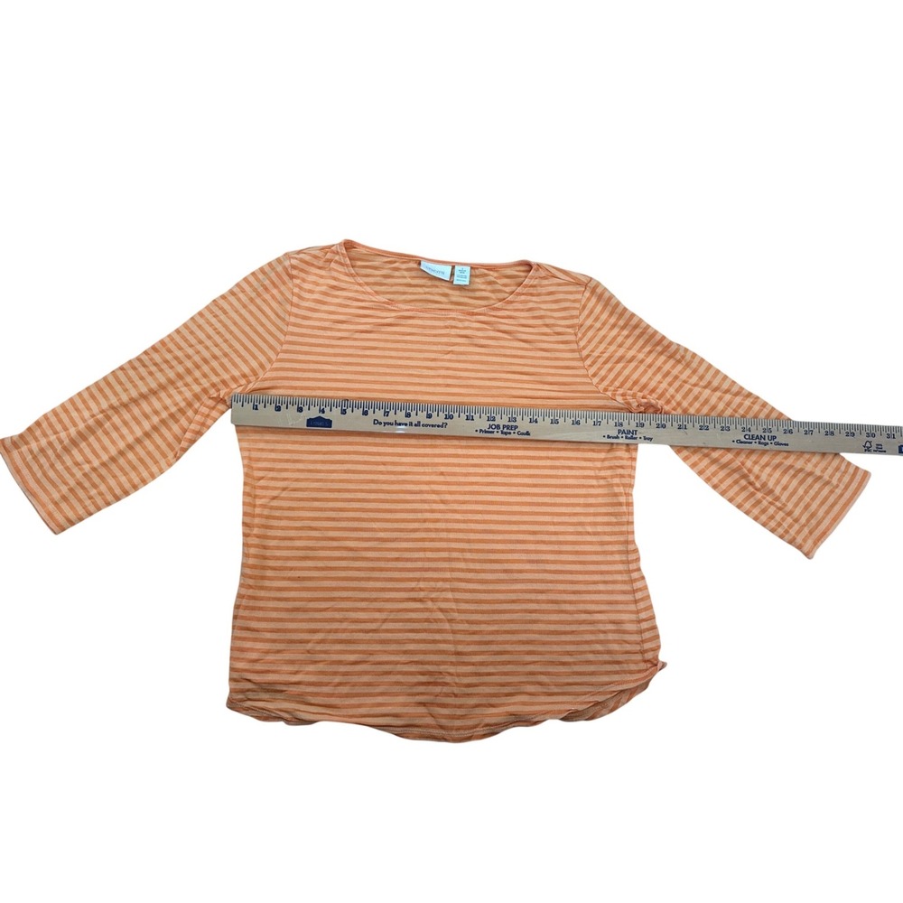 Chicos Orange Striped 3/4 Sleeve Scoop Neck Top Size 1 Medium Rayon Cotton Blend